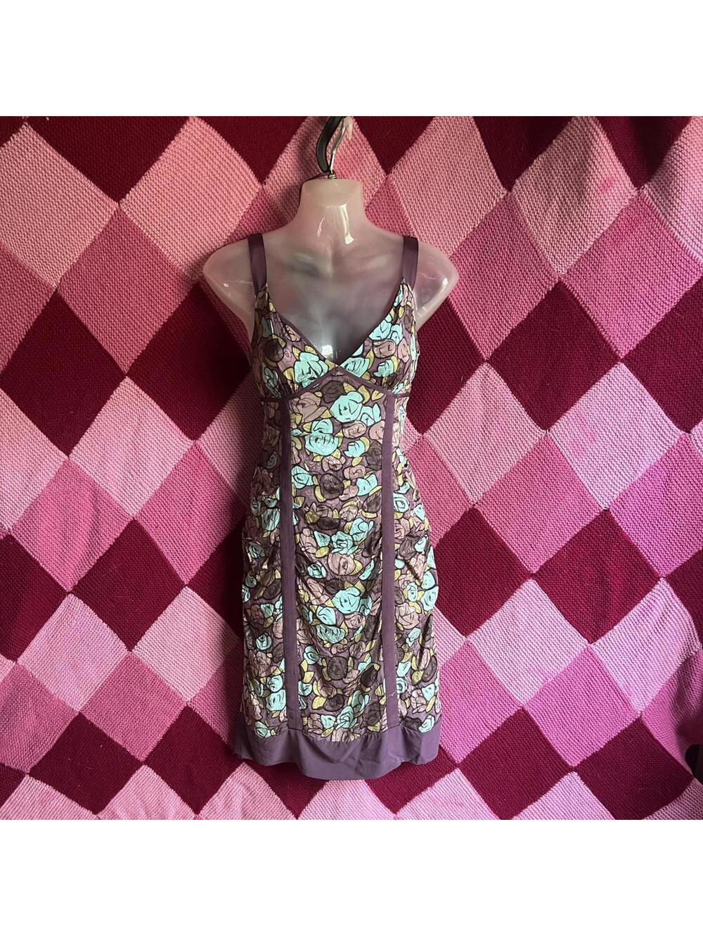 y2k floral purple and blue silk mini dress